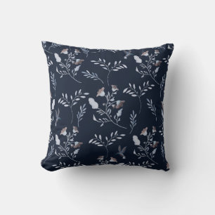 Bluebells and Bluebirds Floral Pattern on Midnight Cushion
