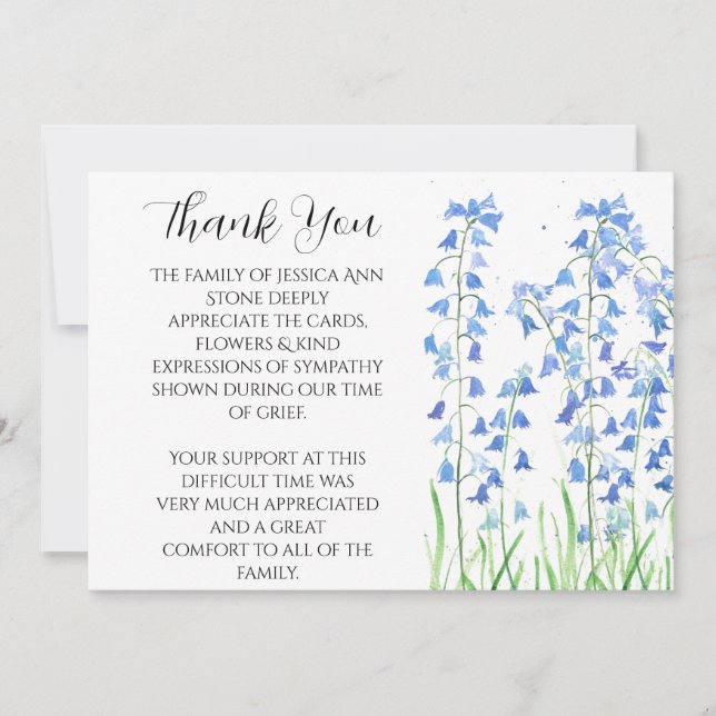 Bluebells Blue Floral Funeral Death Thank you  Invitation (Front)