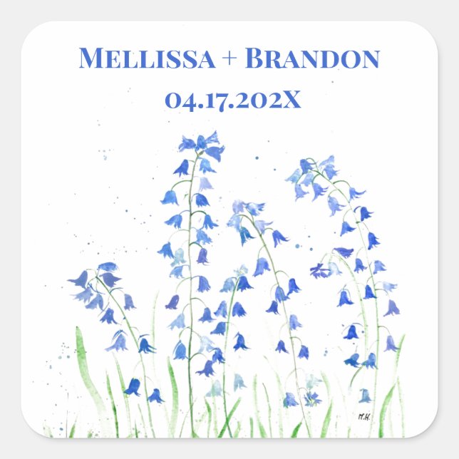 Bluebells Blue Floral Summer Watercolor botanical Square Sticker (Front)