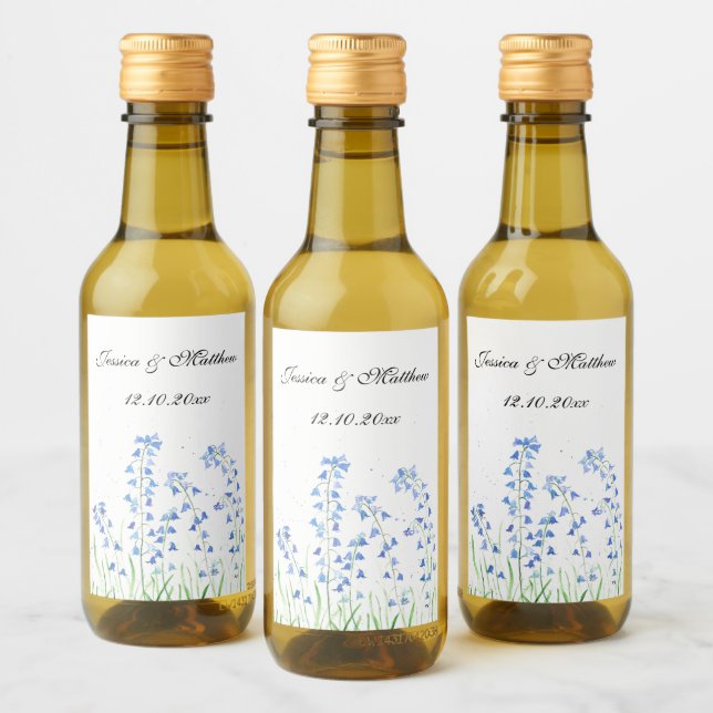 Bluebells Blue floral Watercolor nature Wedding Wine Label (Bottles)