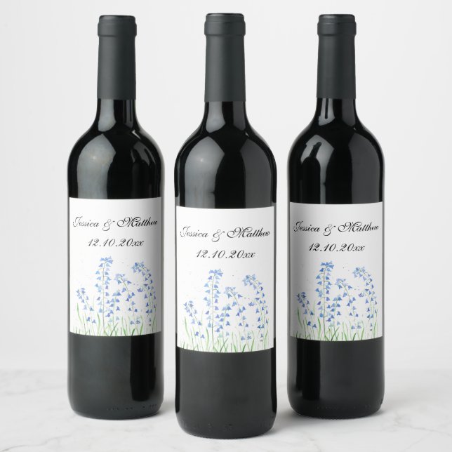 Bluebells Blue floral Watercolor nature Wedding Wine Label (Bottles)