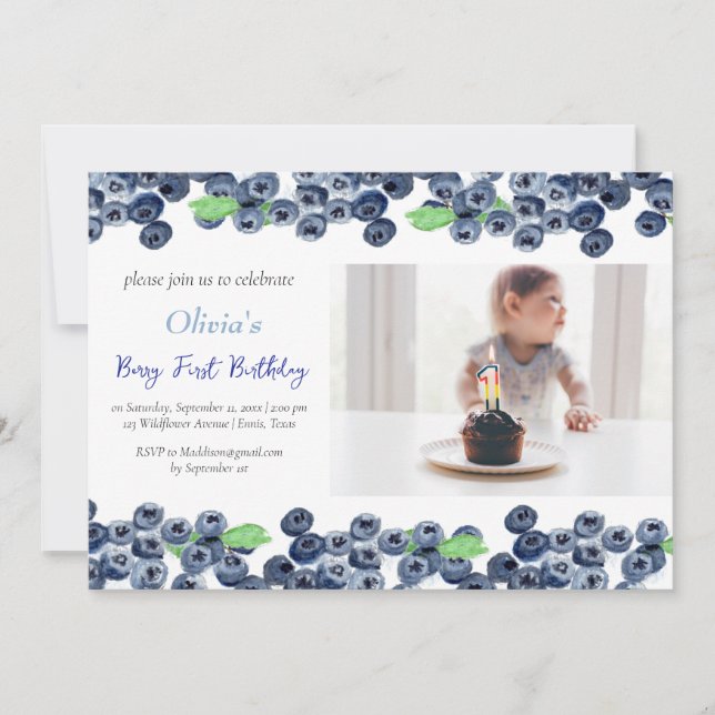Blueberries 1st Berry First Birthday Photo Fruit  Invitation (Front)
