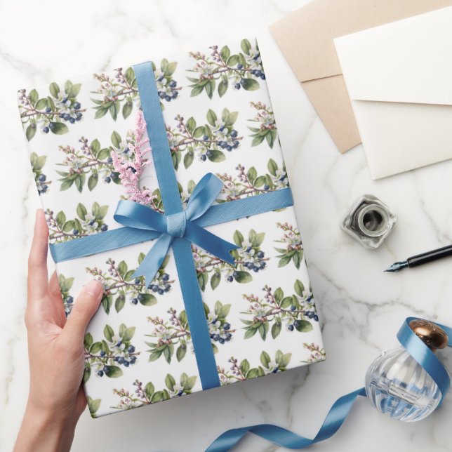Blueberries and Blossoms on White Wrapping Paper (Gifting)