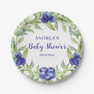 Blueberries and Greenery Foliage Baby Shower Paper Paper Plate