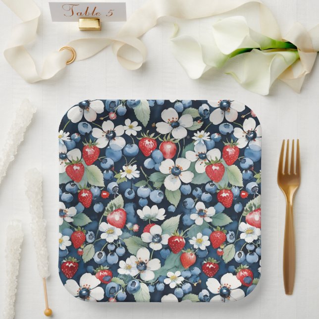 Blueberries And Strawberries Floral Paper Plate (Wedding)