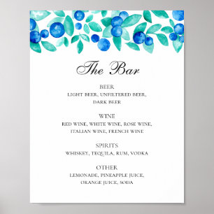 Blueberries. Blue and mint wedding drinks bar menu Poster
