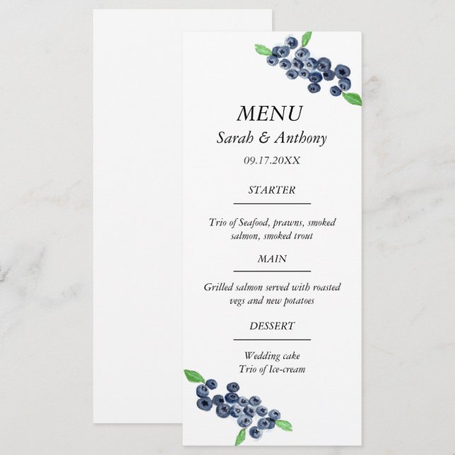 Blueberries Blue Fruit Watercolor Wedding Food  Menu (Front/Back)