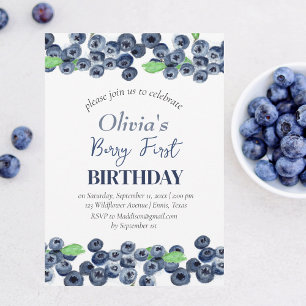 Blueberries Fruit 1st Berry First Birthday Invitation