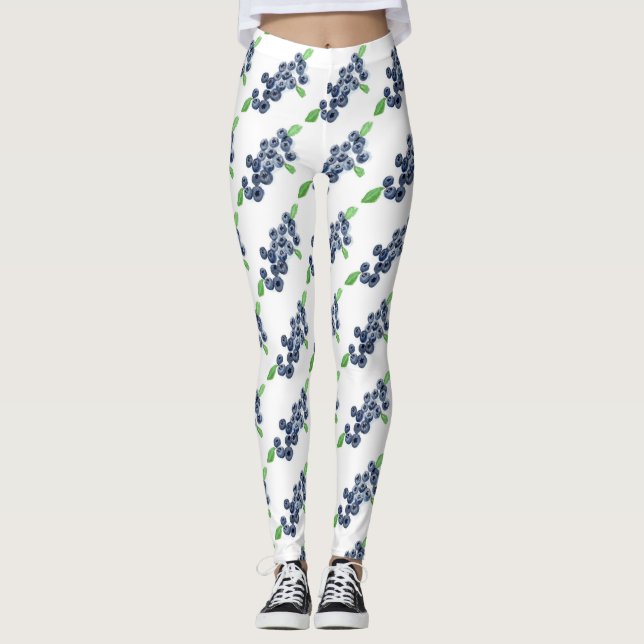 Blueberries fruit watercolor  Food Berries Pattern Leggings (Front)