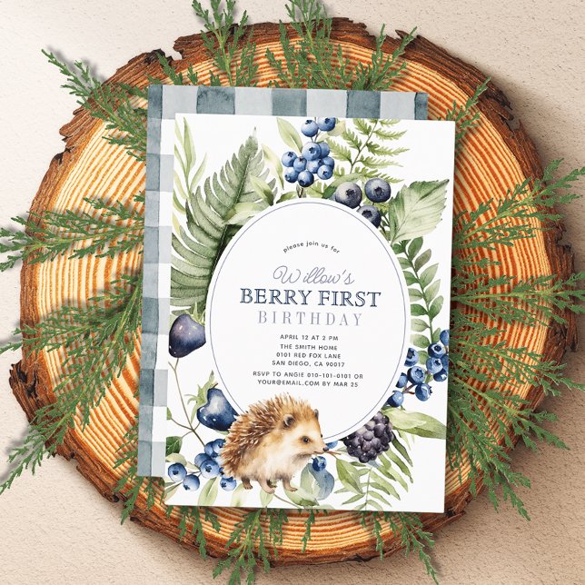 Blueberries & Hedgehog Berry First 1st Birthday Invitation (Creator Uploaded)