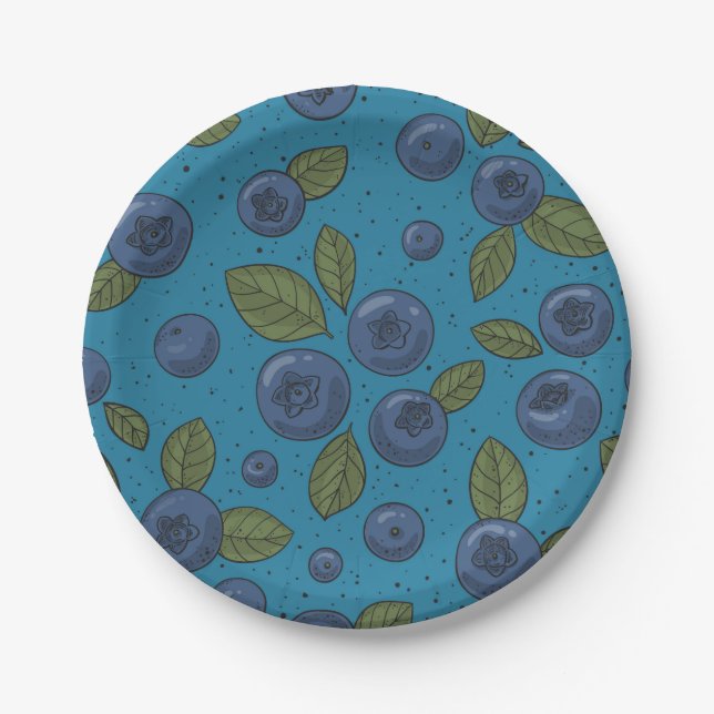 Blueberries on blue paper plate (Front)