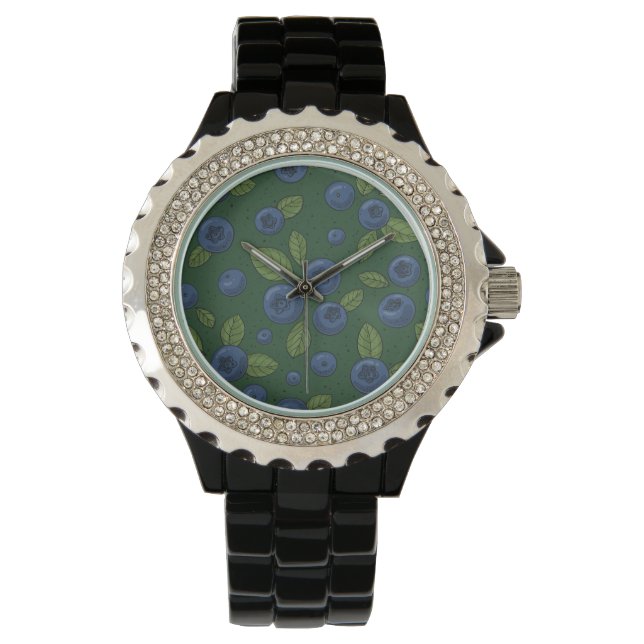 Blueberries on dark green watch (Front)