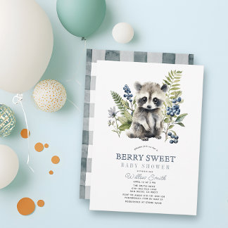 Blueberries & Raccoon Berry Sweet Boy Baby Shower Invitation