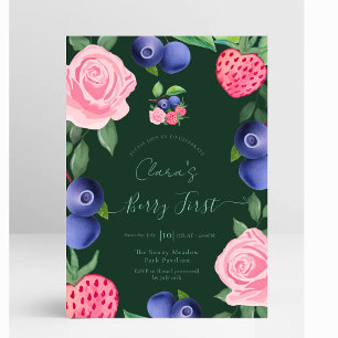 Blueberries & Strawberries Frame with Pink Roses Invitation