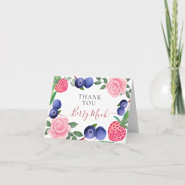 Blueberries & Strawberries Frame with Pink Roses Thank You Card (Front)