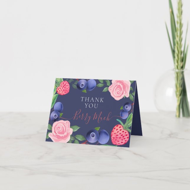 Blueberries & Strawberries Frame with Pink Roses Thank You Card (Front)