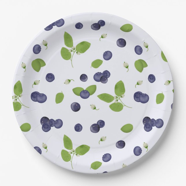 Blueberries Watercolor Blueberry Blossoms Foliage Paper Plate (Front)