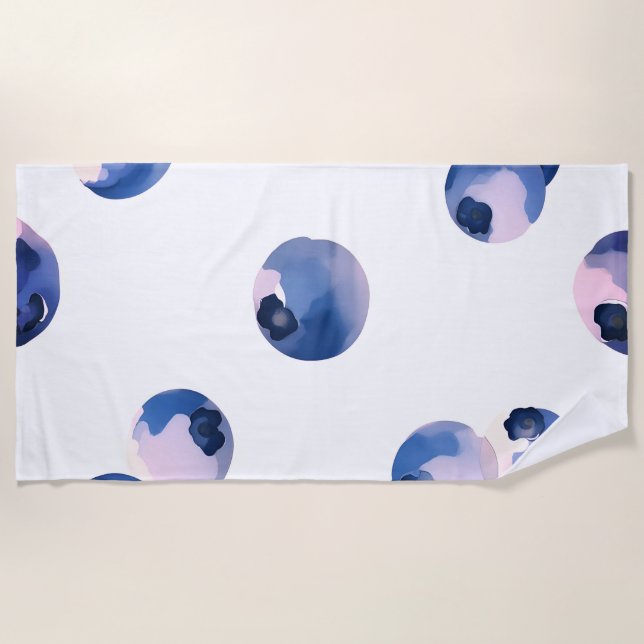 Blueberries Watercolor Pattern  Beach Towel (Front)