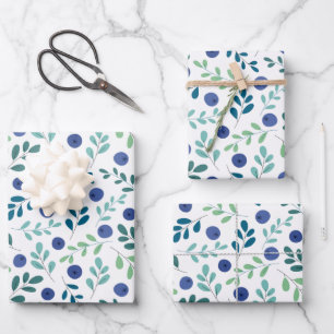 Blueberries with Green Leaves Pattern Wrapping Paper Sheet