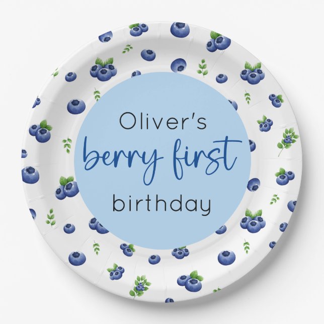 Blueberry 1st Birthday Berry First Paper Plate (Front)