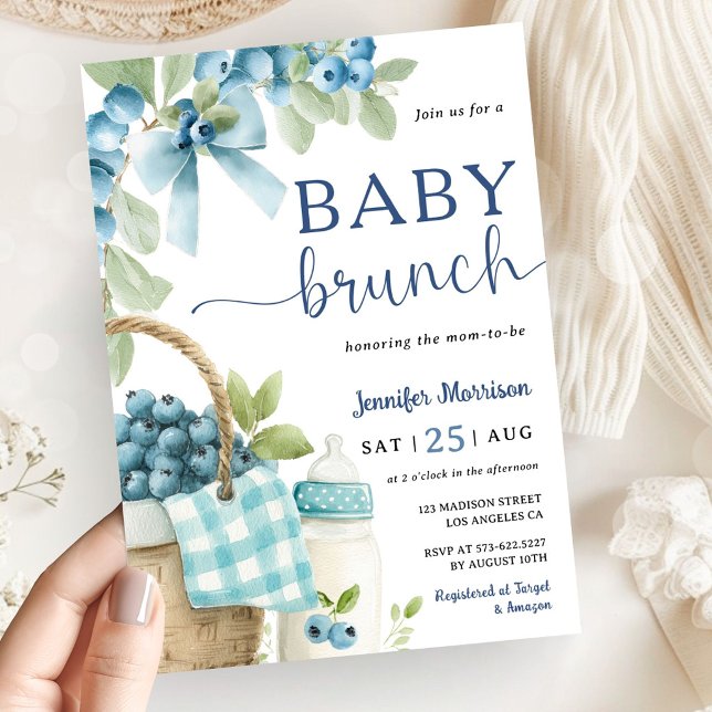 Blueberry Baby Brunch Boy Bow & Bottle Baby Shower Invitation (Creator Uploaded)