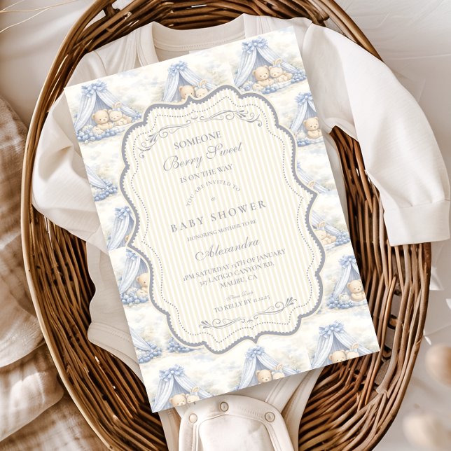 Blueberry Baby Canopy Toile Baby Shower Invitation (Creator Uploaded)