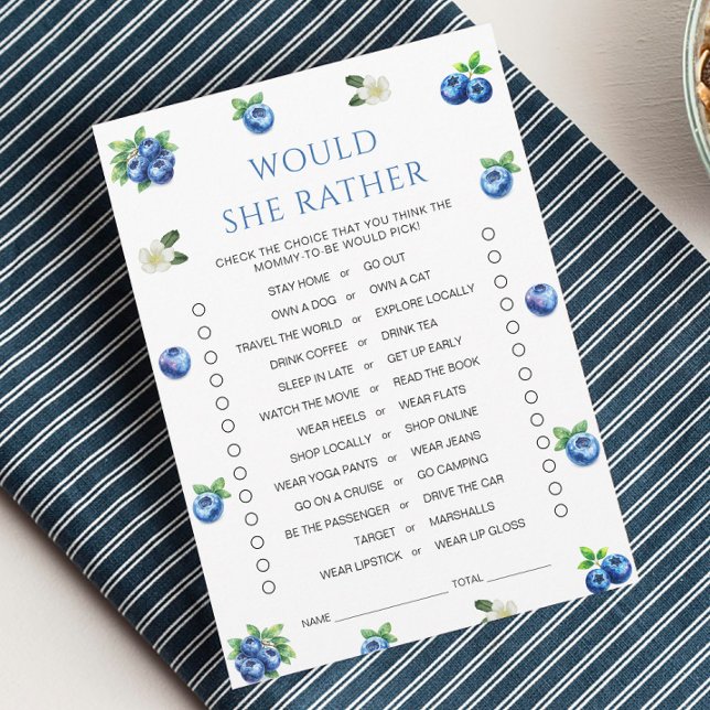 Blueberry Baby Shower Would She Rather Game Card (Creator Uploaded)