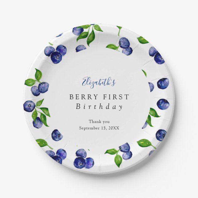 Blueberry Berry First Birthday Watercolor Cute  Paper Plate (Front)