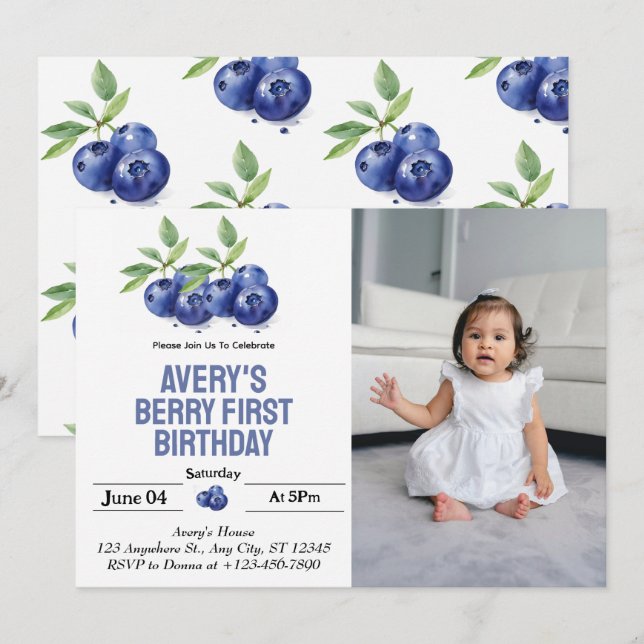 Blueberry Berry First Girl 1st Birthday Photo Invitation (Front/Back)
