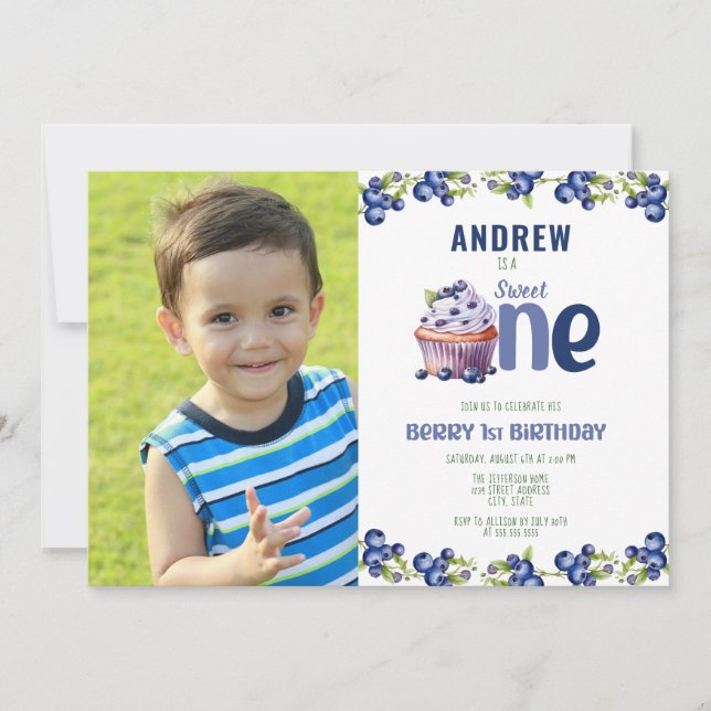 Blueberry Berry First Photo Birthday Invitation (Front)