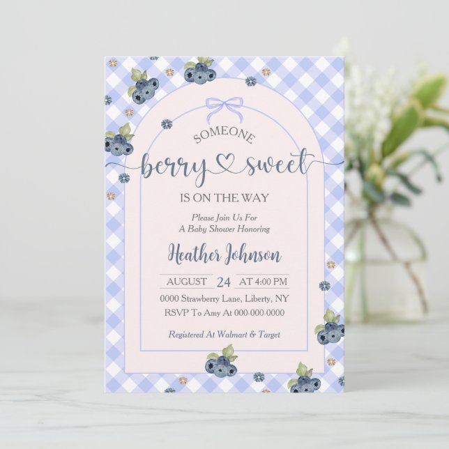 Blueberry Berry Sweet Baby Boy Baby Shower  Invitation (Standing Front)