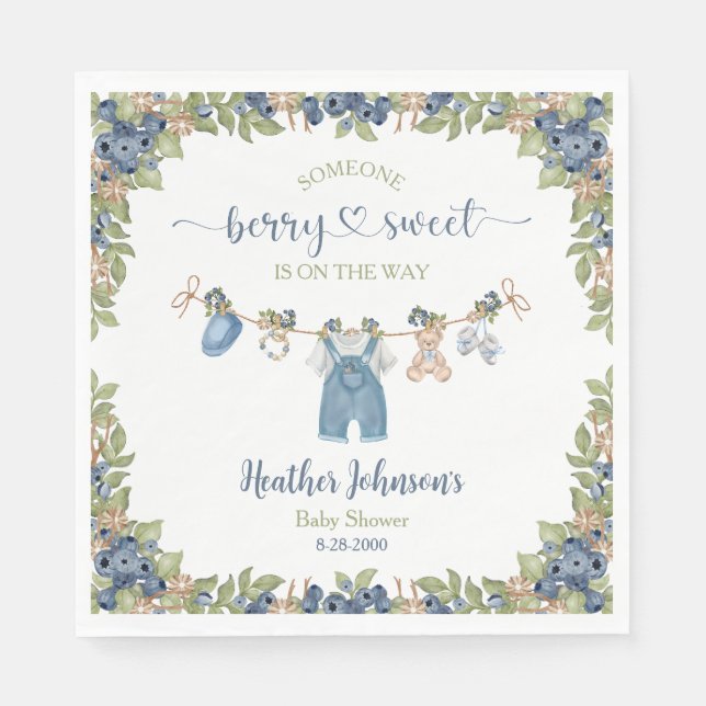 Blueberry Berry Sweet Clothesline Baby Shower Napkin (Front)