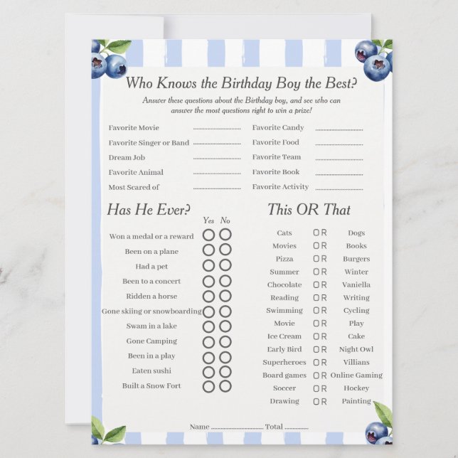 Blueberry Birthday boy Trivia Trio Game card (Front)