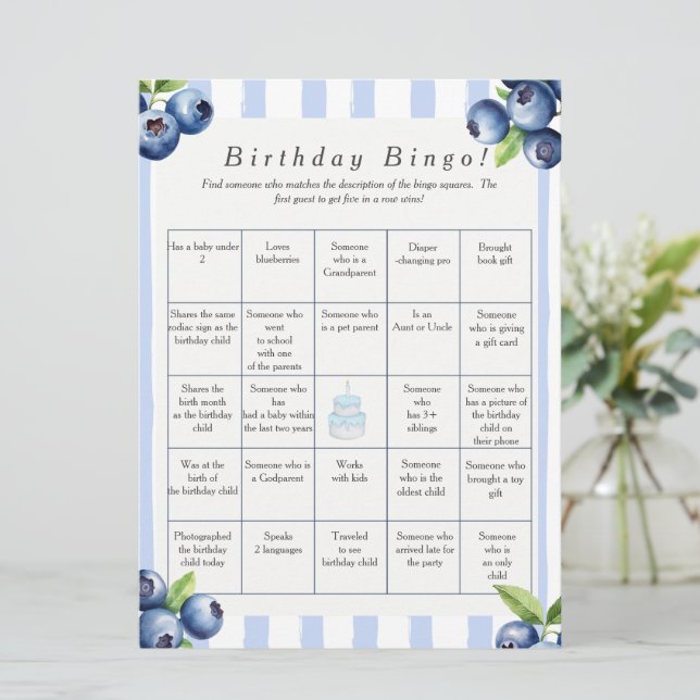 Blueberry  Birthday Find Guest Bingo game card (Standing Front)