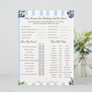 Blueberry Birthday girl Trivia Trio Game card
