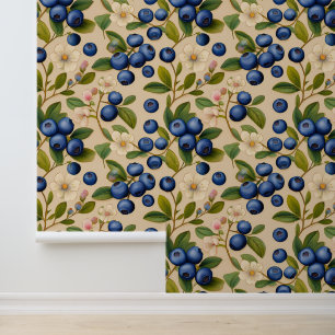 Blueberry Blossoms Green Branches Repeat Pattern Wallpaper