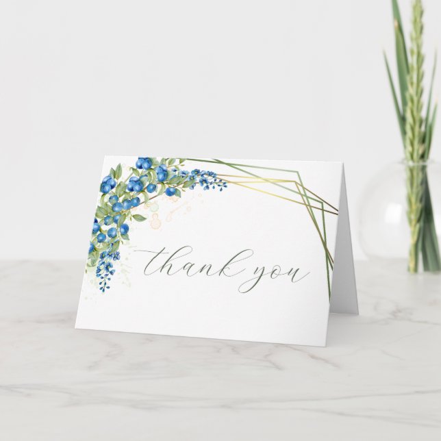 Blueberry, Blue Wildflowers Faux Gold Foil  Frame  Thank You Card (Front)