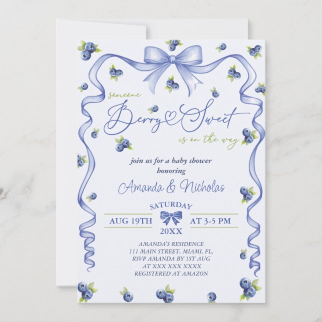 Blueberry Bow Baby Shower  Invitation (Front)