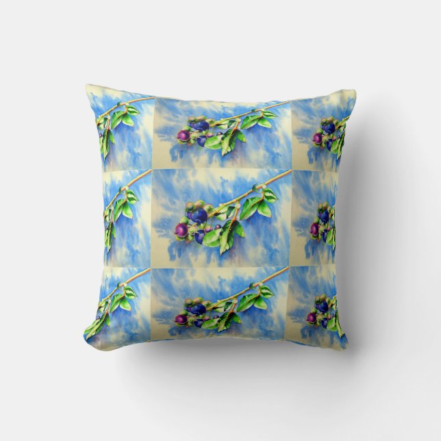 Blueberry branch, watercolor painting cushion (Front)