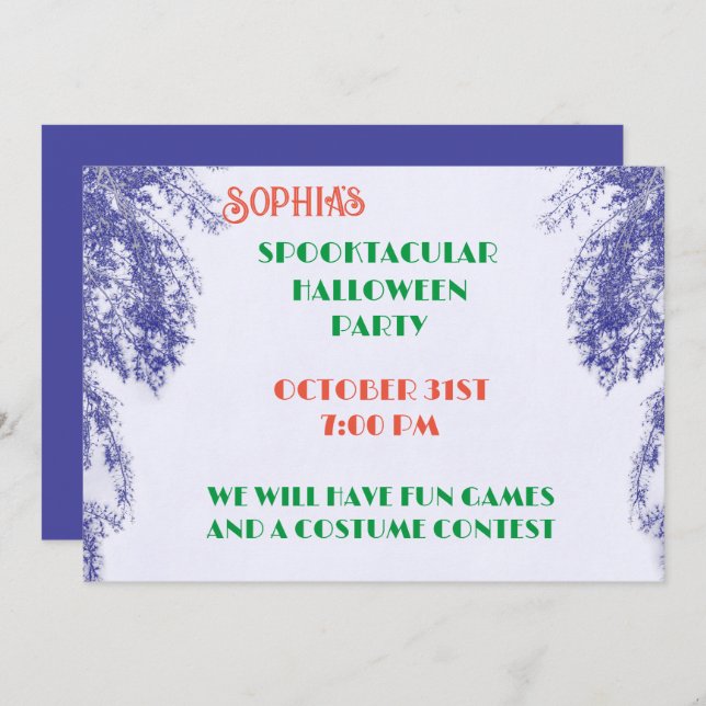 Blueberry Colour  Tree Elegant Gothic Halloween  Invitation (Front/Back)