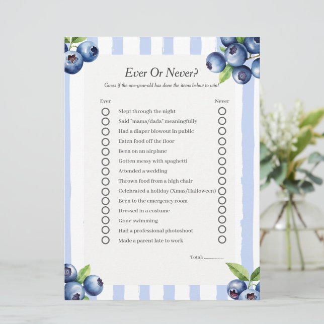 blueberry First Birthday Ever or Never game card (Standing Front)