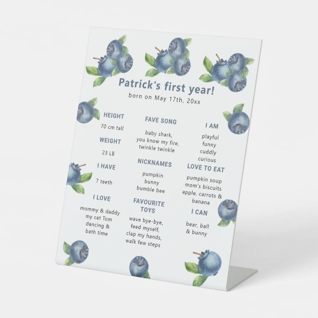Blueberry First Birthday Milestone Birthday Pedestal Sign (Front)