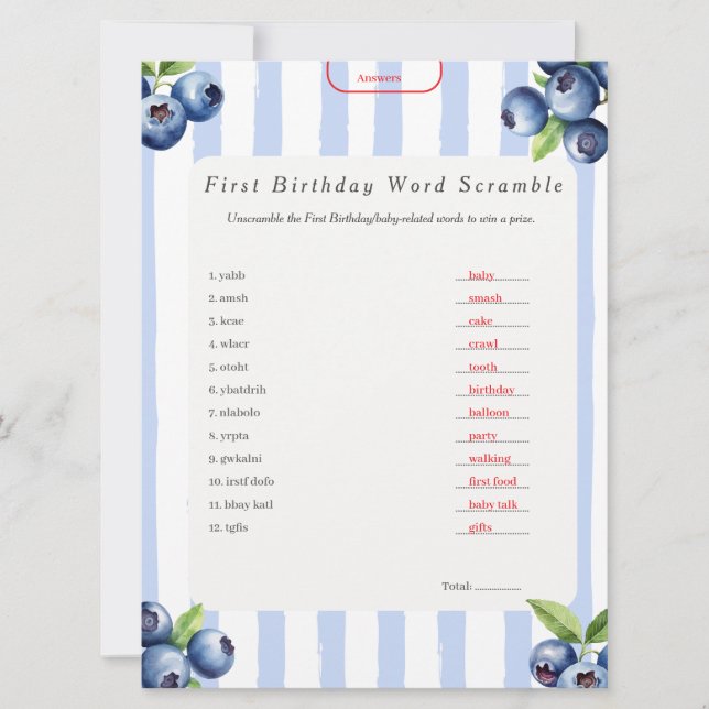 Blueberry First Birthday Word Scramble Answer Key Holiday Card (Front)