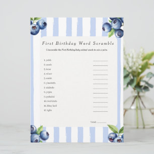 Blueberry First Birthday Word Scramble Game card
