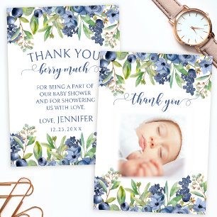 Blueberry floral baby shower photo thank you cards