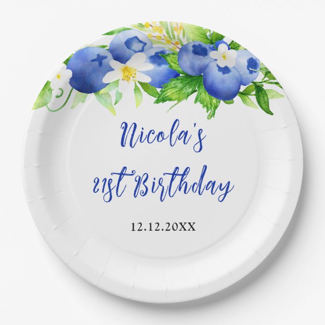 Blueberry Floral Birthday Paper Plate (Front)