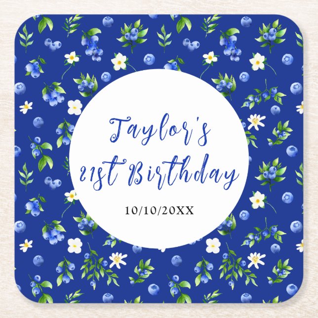 Blueberry Floral Birthday Party Square Paper Coaster (Front)