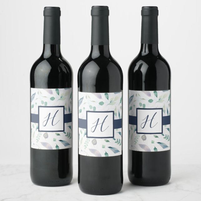Blueberry Floral Monogram Wine Bottle Label (Bottles)