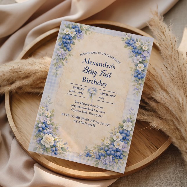 Blueberry Floral Storybook Berry 1st Birthday Invitation (Creator Uploaded)