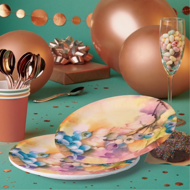 Blueberry Fruit Pattern — Hand-Painted Berries Paper Plate (Multi)